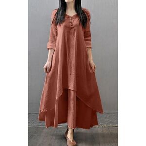 NEW LIGHT Rust Red Sz Large Layered Flowy Lightweight Long Sleeve Maxi Dress NWT